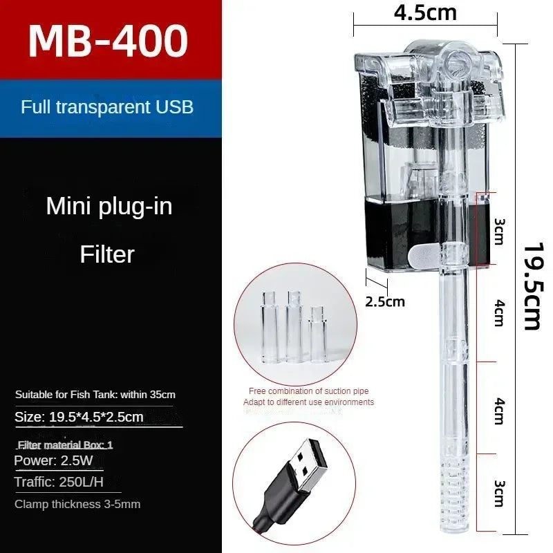 Aquarium Hang on Filter Mini Filter Fish Tank USB Power Interface 2.5W Flow Suitable for Fish Tanks Below 30cm Quiet Operation