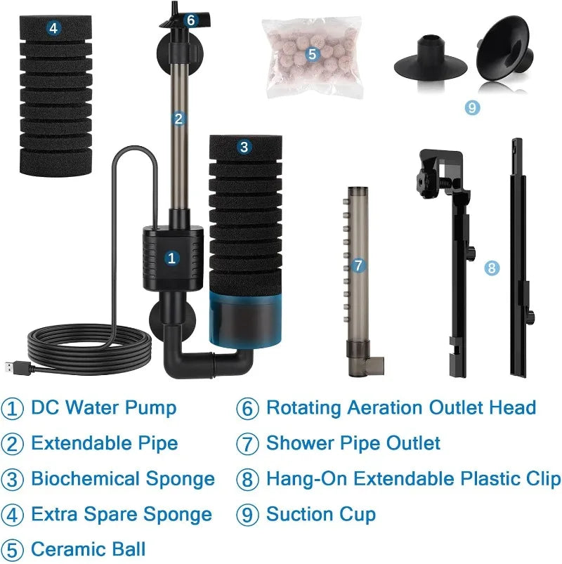 USB Small Aquarium Filter, Single Sponge Filter, with Suction Cup or Adjustable Hanging Clip, Dual Purpose Fish Bowl Tank Filter