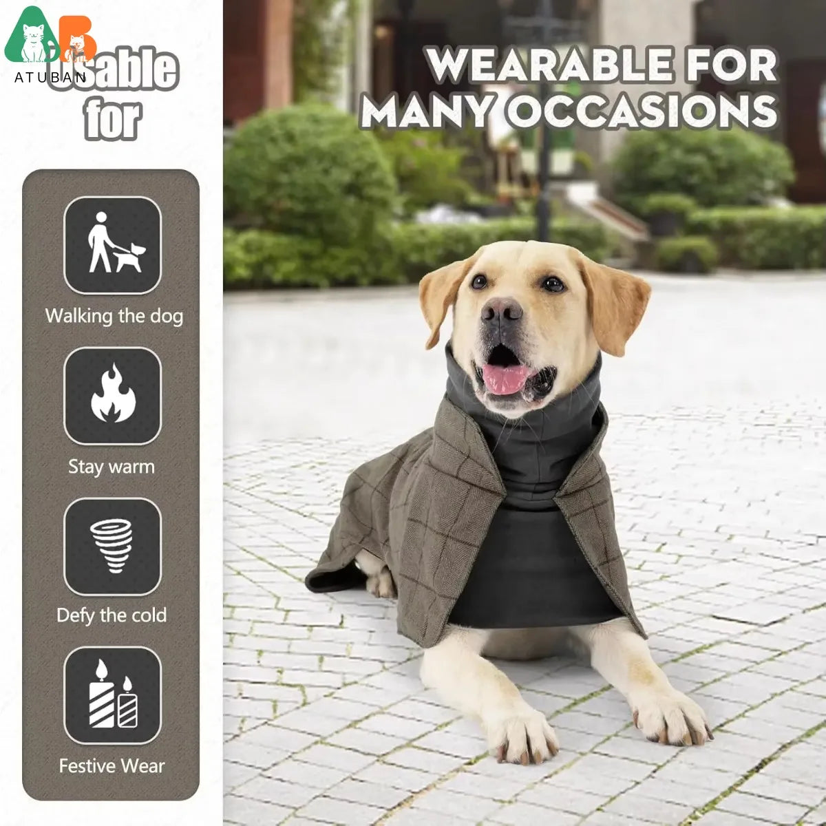 ATUBAN Warm Dog Coat English Plaid Dog Fleece Vest Windbreaker Jacket Winter Clothing Traction Eyelets Suitable for All Dog Type