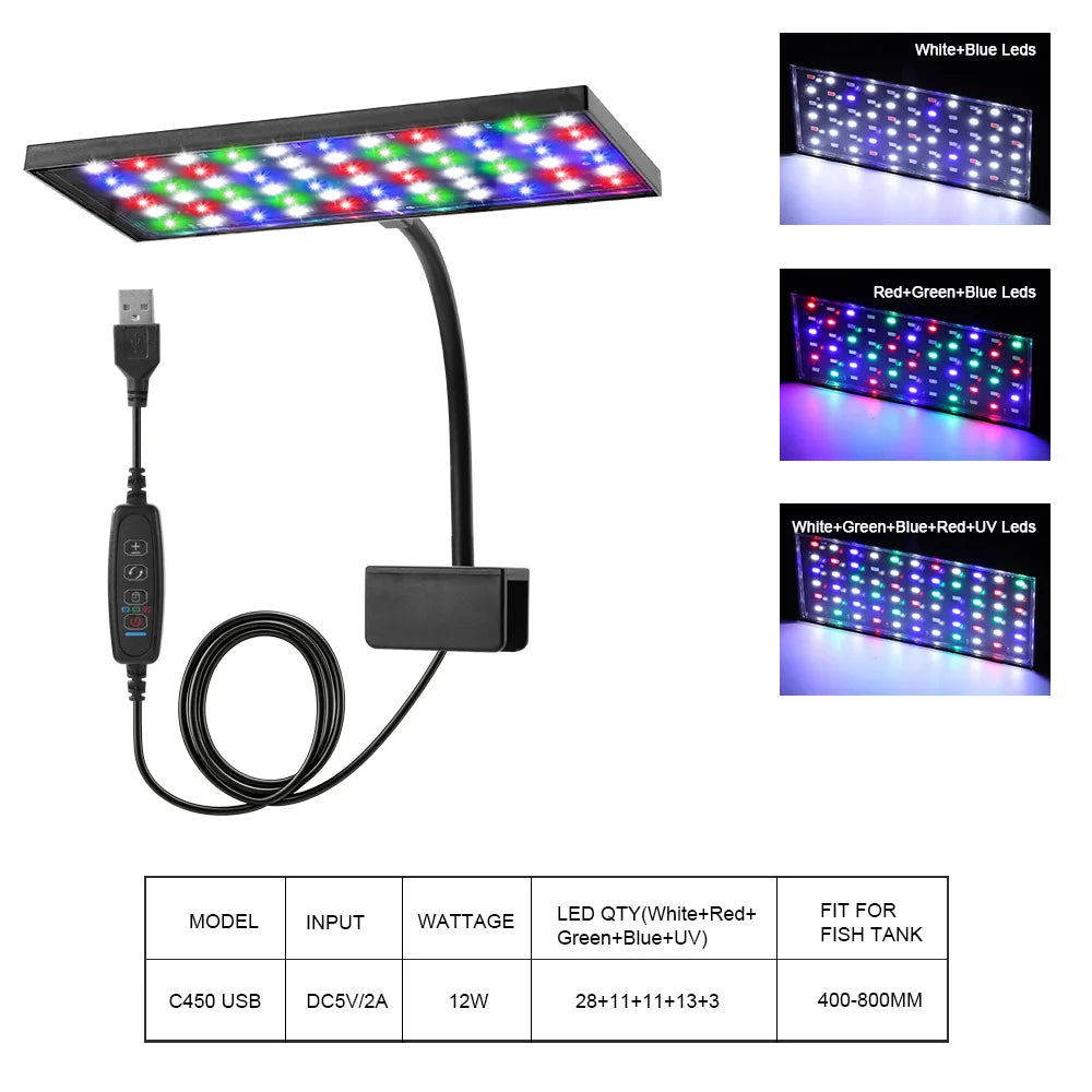 USB Aquarium LED Light Full Spectrum Aquatic Plant Grow Lamp Clip on Fish Tank Adjustable Brightness No flicker Lighting  9W/12W
