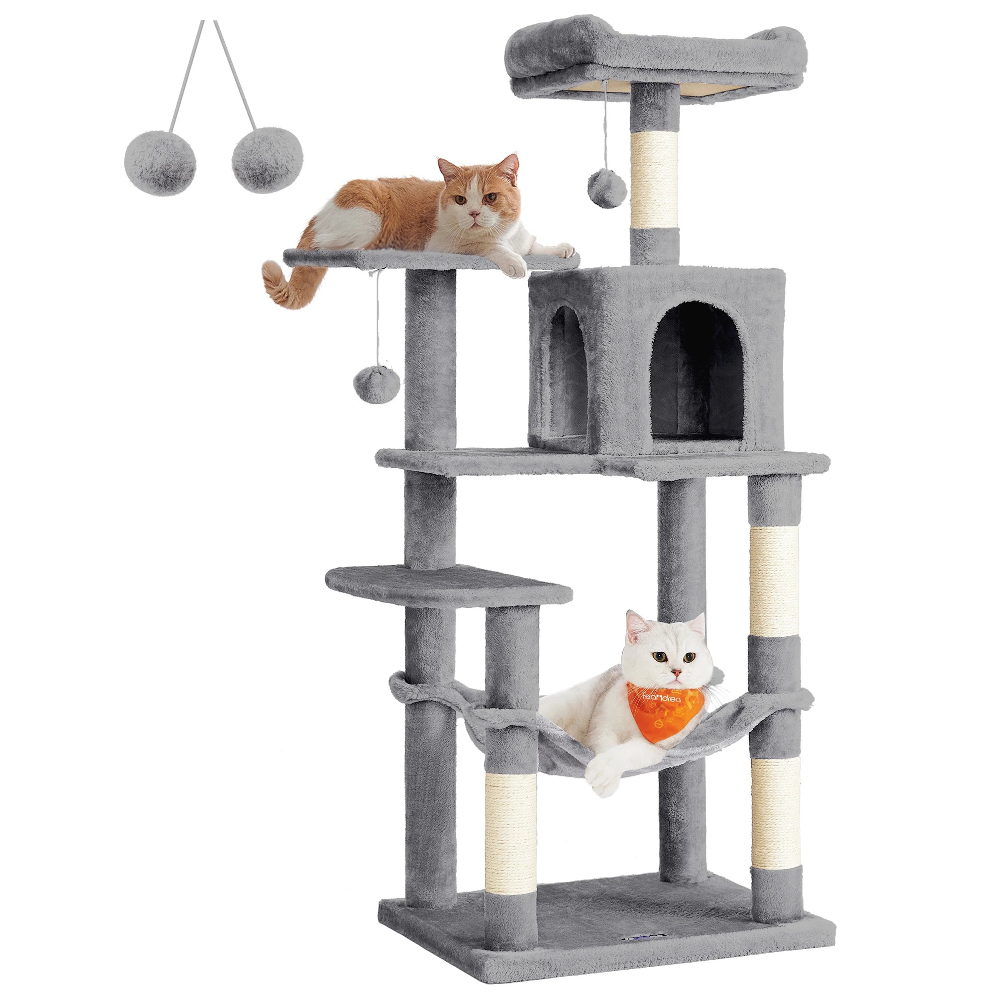 Feandrea Cat Tree, 55.1-Inch Cat Tower, Plush Multi-Level Condo with 4 Scratching Posts, 2 Perches, Hammock, Cave