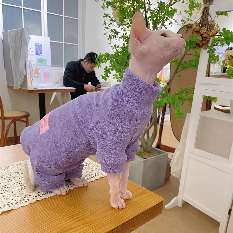 Fleece Coat for Sphynx Cat Warm Sweatshirt 4-legged Jumpsuit for Kittens Dogs soft Loungewear for Male Cat Devon Rex Sweater - Play Paws Toys