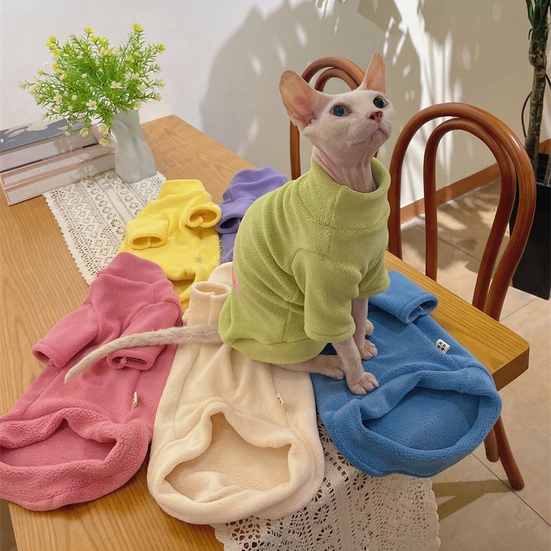 Fleece Coat for Sphynx Cat Warm Sweatshirt 4-legged Jumpsuit for Kittens Dogs soft Loungewear for Male Cat Devon Rex Sweater - Play Paws Toys