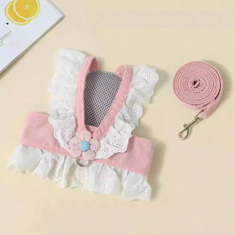 Floral Lace Pet Harness Dress with Leash, Ruffle Edge Vest Outfit for Small Dogs and Cats, Breathable Walking Harness