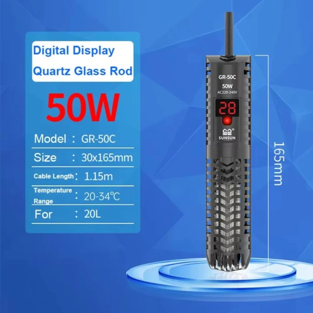 Quartz Glass Aquarium Submersible Heater Adjustable Temperature Non- Glass Fish Tank Heater LCD Display 20-34°C