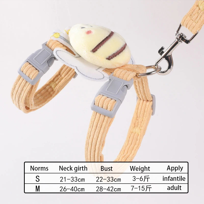 Cat Harness Leash Collar Set Adjustable Cartoon Bee Double Layer Dog Harness for Small Medium Pet Collar Leash Outdoor Walking