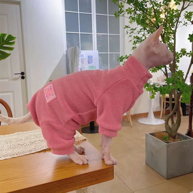 Fleece Coat for Sphynx Cat Warm Sweatshirt 4-legged Jumpsuit for Kittens Dogs soft Loungewear for Male Cat Devon Rex Sweater - Play Paws Toys