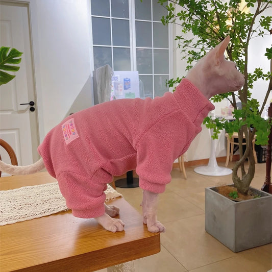 Fleece Coat for Sphynx Cat Warm Sweatshirt 4-legged Jumpsuit for Kittens Dogs soft Loungewear for Male Cat Devon Rex Sweater - Play Paws Toys