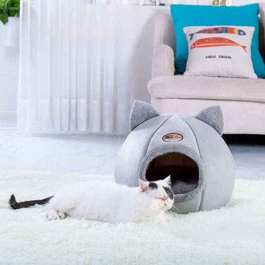 Winter Warm And Cold Proof Cat Bed Cozy Cat Cave Bed Cat Tent With Removable Cushion Pillow Cat Head Shape Cute Pet Supplies - Play Paws Toys