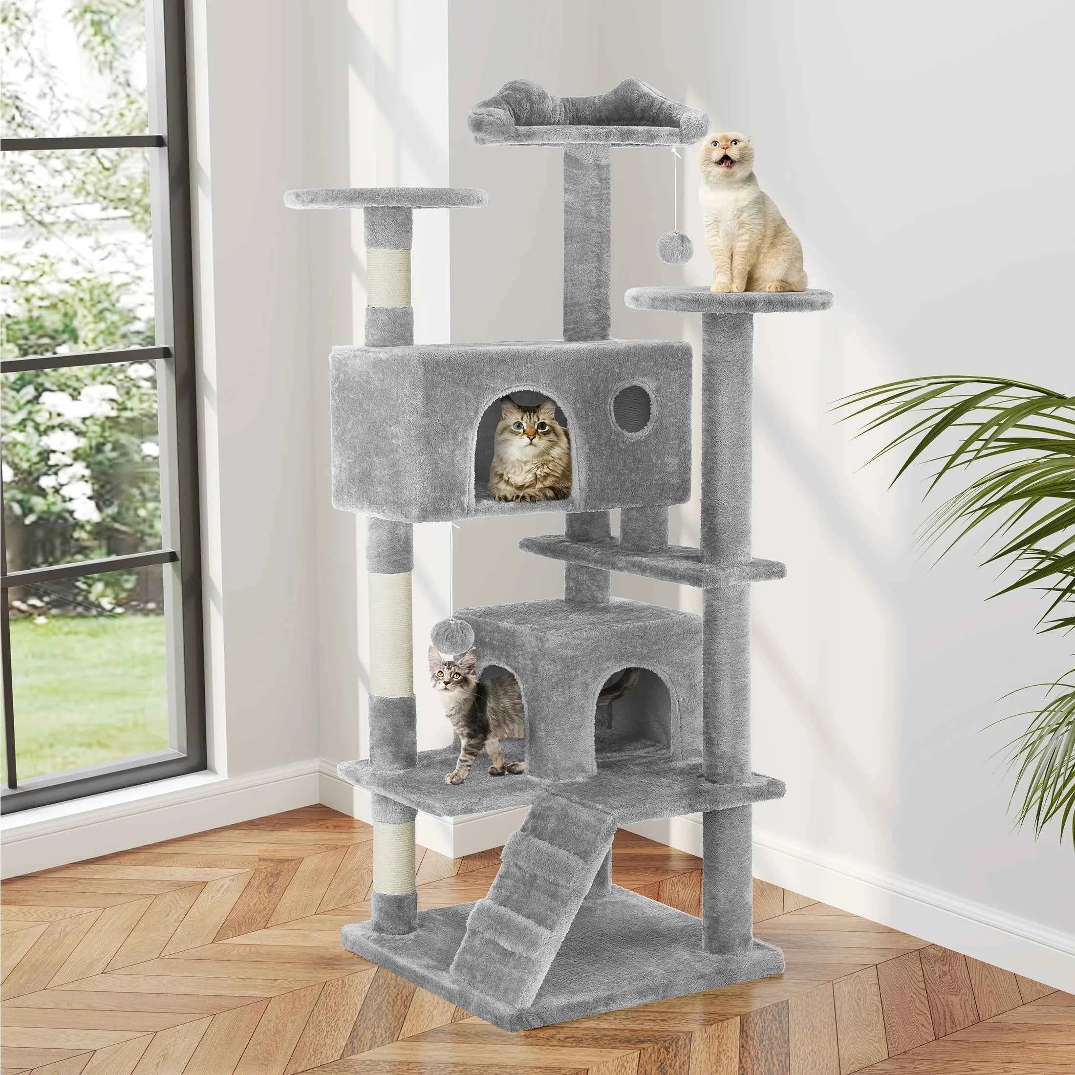 MCQ 54IN Indoor Cat Tree Tower Multi-Level with Sisal Scratching Post Round Platform Condo with Climbing Ladder Toys For Home