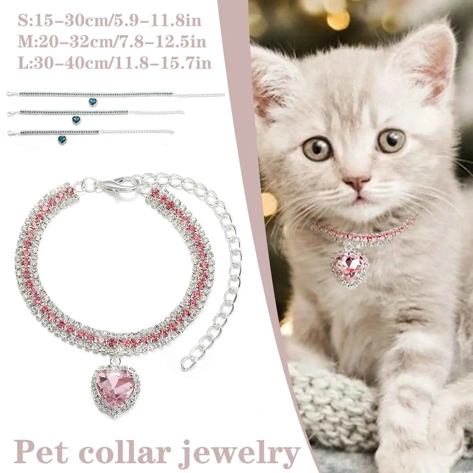 Luxury Rhinestone Dog Cat Collar Crystal Bling Pet Necklace Adjustable Heart Pendant Jewelry for Puppy Kitten Accessories