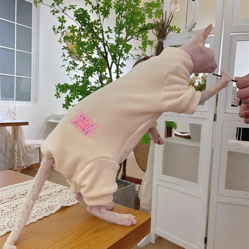 Fleece Coat for Sphynx Cat Warm Sweatshirt 4-legged Jumpsuit for Kittens Dogs soft Loungewear for Male Cat Devon Rex Sweater - Play Paws Toys