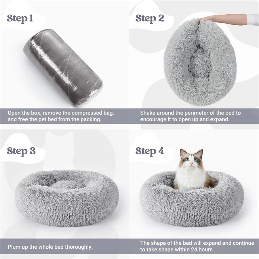 Soft Long Plush Cat House Beds dog Calm Warm Faux Fur Bed Donut Round Comfortable Sleeping Bed Washable for Small Medium Dog Cat - Play Paws Toys