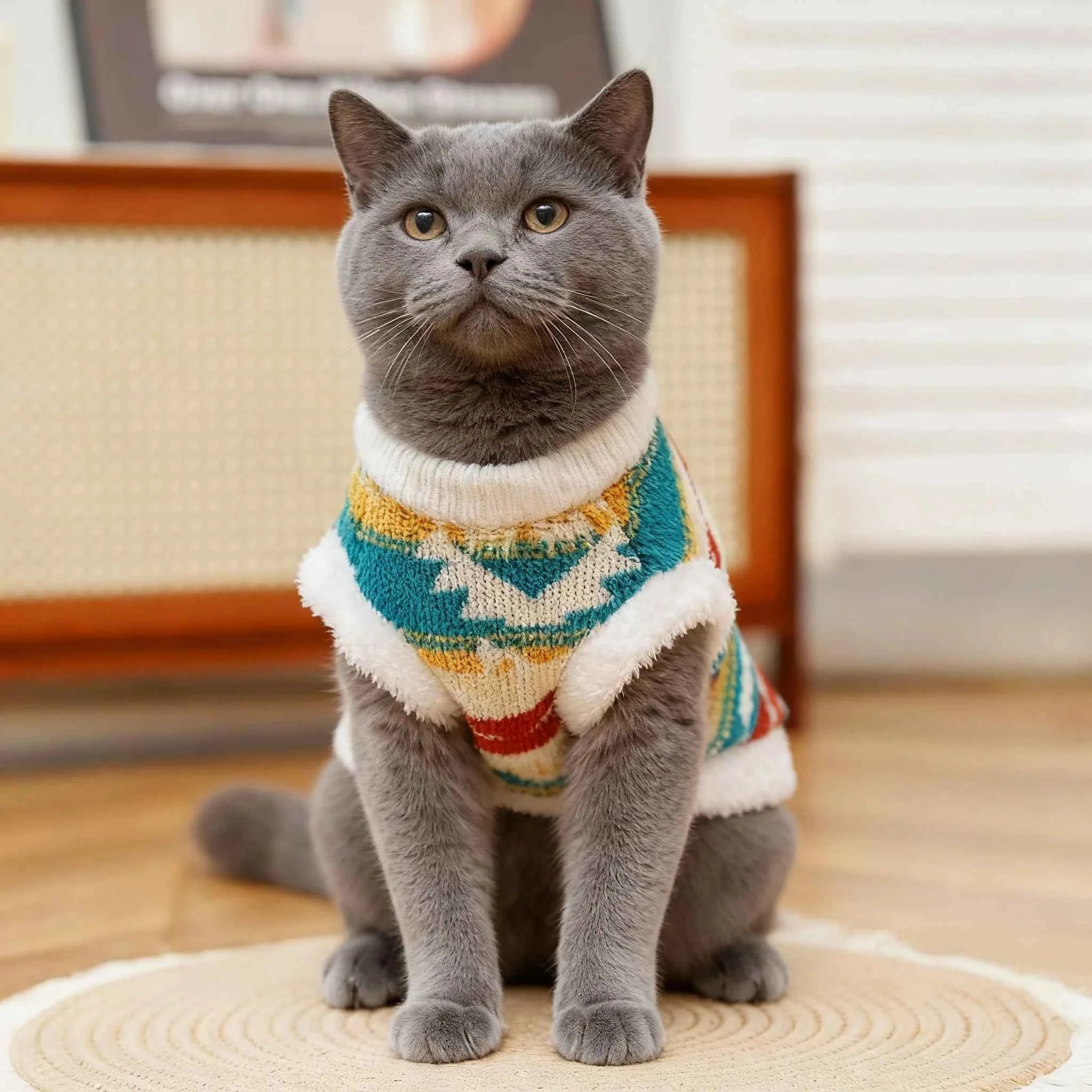 Dog Cat Plush Vest  Warm  Sleeveless Jacket, Nordic Knit Pattern Pet Coat,Fair Isle  Cozy Fleece Lined Puppy Kitten Apparl