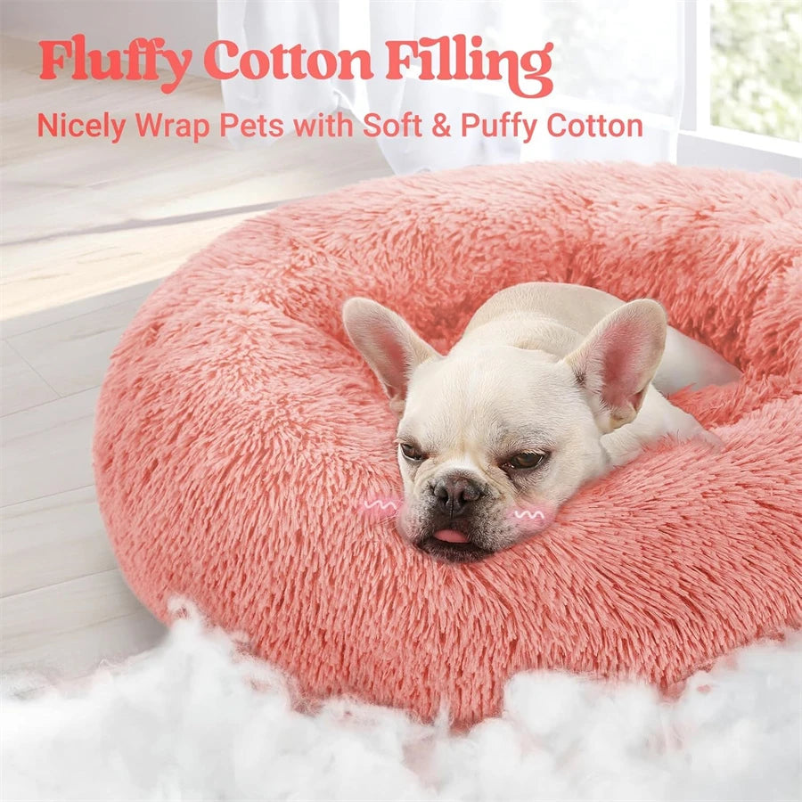 Soft Long Plush Cat House Beds dog Calm Warm Faux Fur Bed Donut Round Comfortable Sleeping Bed Washable for Small Medium Dog Cat - Play Paws Toys