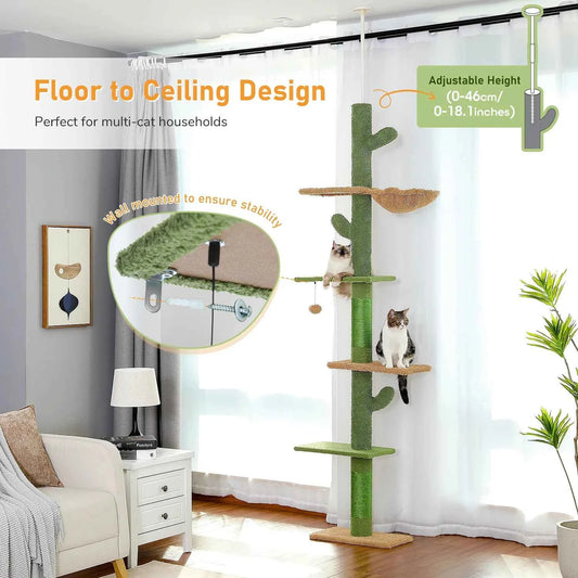 Cat Tree 5-Tier Floor to Ceiling Cat Tower Cactus Tall Climbing Tree with Scratching Post Hammock Dangling Ball for Indoor Cats