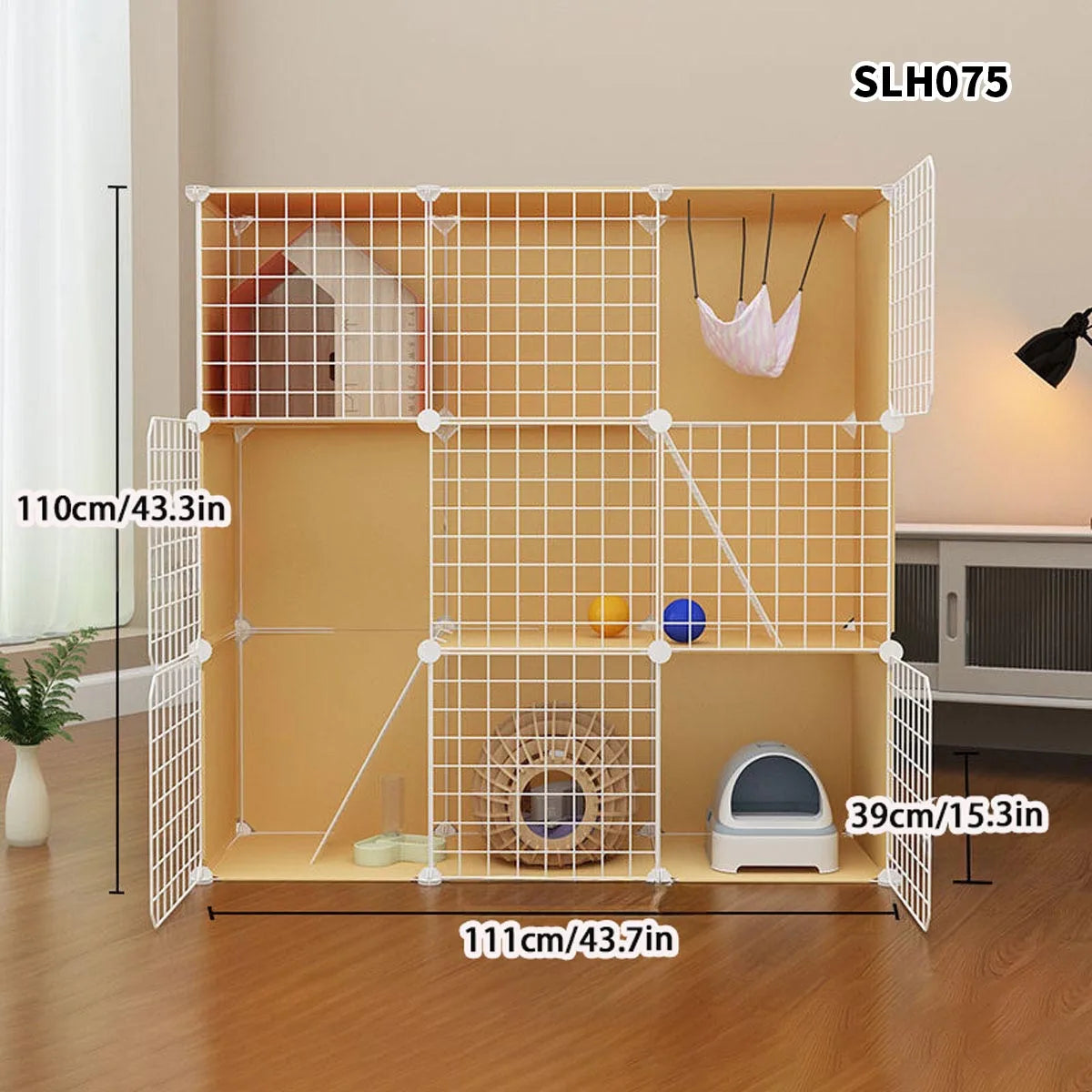 Cat Cage, Cat Villa, Yellow Cage, Natural Wood Color Pet Cage, Free Assembly, Multi-Cat, Space-Saving, Three-Layer Iron Mesh Cage, Household Cat Cabinet - Play Paws Toys