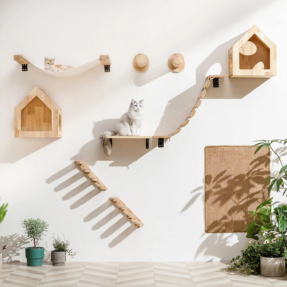 Cat Wall Climbing Shelf Steps Ladder Scratching Post Scratcher Bed Hiding House for Cats Tree Tower Pet Furniture Accessories - Play Paws Toys