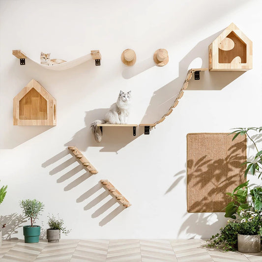 Cat Wall Climbing Shelf Steps Ladder Scratching Post Scratcher Bed Hiding House for Cats Tree Tower Pet Furniture Accessories - Play Paws Toys