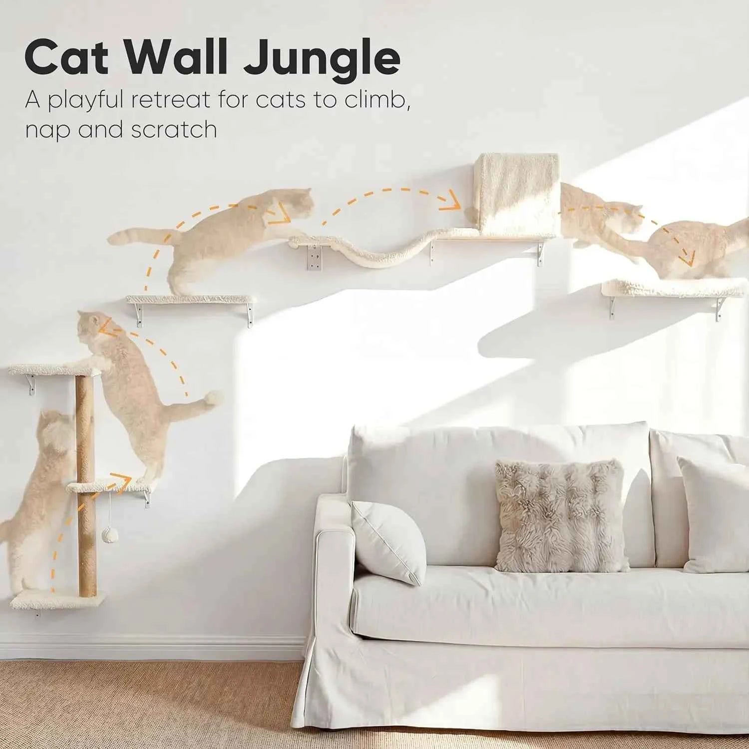 Cat Wall Shelves 5-in-1 Set, Stable & Safe Wooden Climbing Wall with Scratching Post for 16" Drywall - Beige