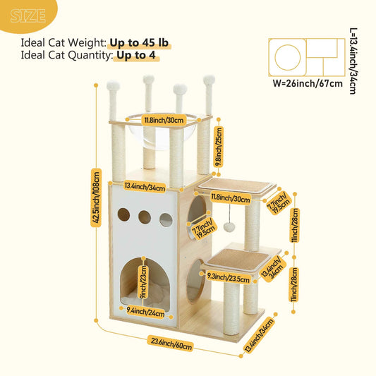 Modern Cat Tree Wooden Cat Tower with 2-Floor Condo Cat Furniture with Cat Scratching Posts Capsule Nest and Dangling Balls