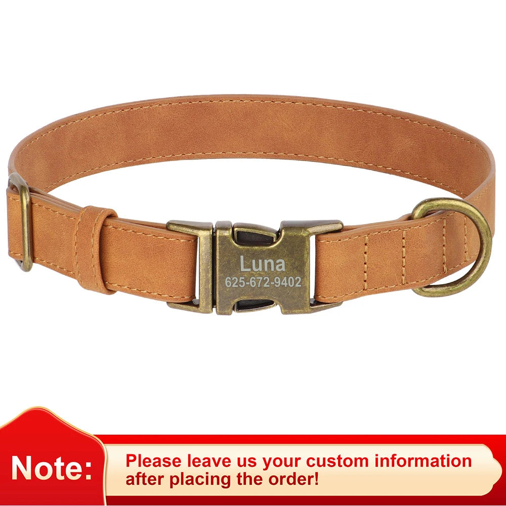 Personalized Anti-lost Dog Collar Custom Dog ID Tag Collars Soft PU Leather Pet Collars Free Engraved Metal Buckle For Bulldog - Play Paws Toys