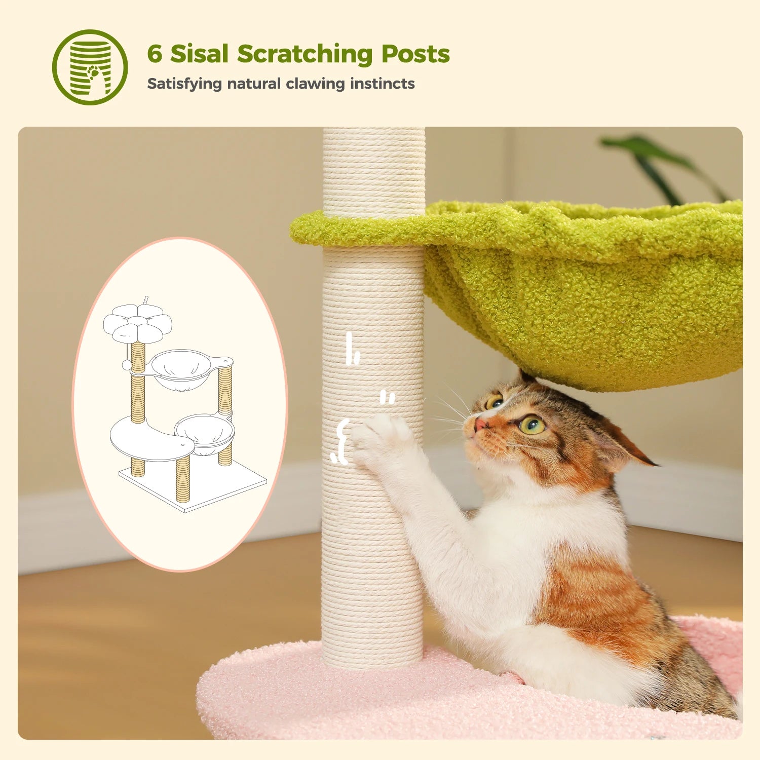Flower Cat Tree with 2 Cozy Hammocks Sisal Scratching Posts Soft Top Perch Small Cat Tower for Indoor Kitty Cat Furniture Cat Toys