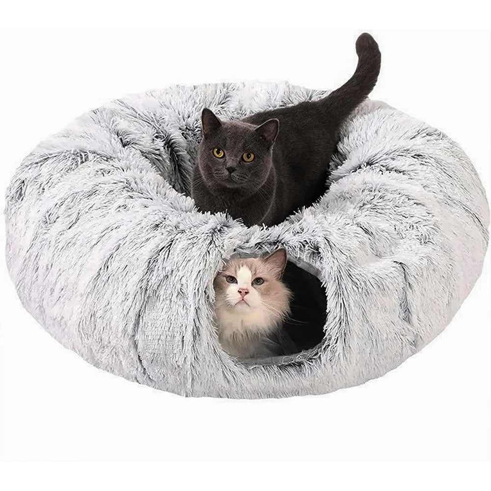 Winter New Arrival Plush Cat Tunnel Bed Foldable Two-in-One round Warmth Pet Nest Thickened Cozy Cuddly Cat Hideaway - Play Paws Toys