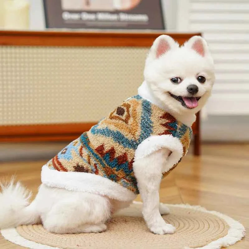 Dog Cat Plush Vest  Warm  Sleeveless Jacket, Nordic Knit Pattern Pet Coat,Fair Isle  Cozy Fleece Lined Puppy Kitten Apparl