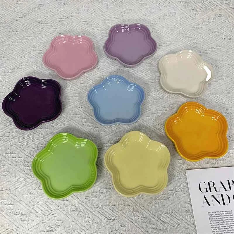 14cm Rainbow Plum Blossom Ceramic Dish Cat Feeding Flower Shaped Bowl Multi-purpose Bone Spitting Tray Dipping Sauce Plate