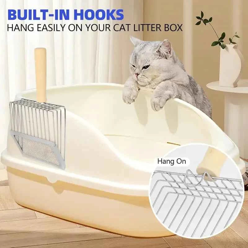 Cat Litter Shovel Wood Handle Metal Scooper with Hook Portable Stainless Steel Sifting Kitten Toilet Cleaning Tool Pet Products