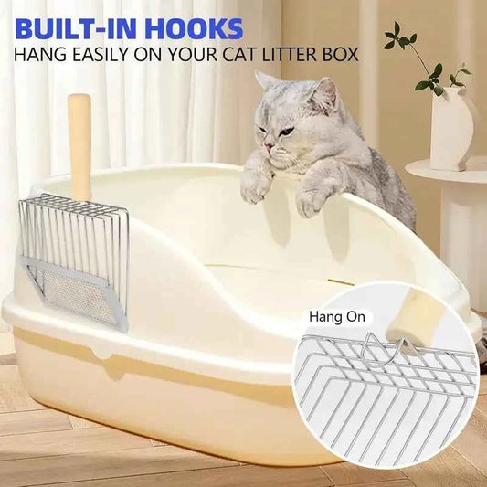 Cat Litter Shovel Wood Handle Metal Scooper with Hook Portable Stainless Steel Sifting Kitten Toilet Cleaning Tool Pet Products
