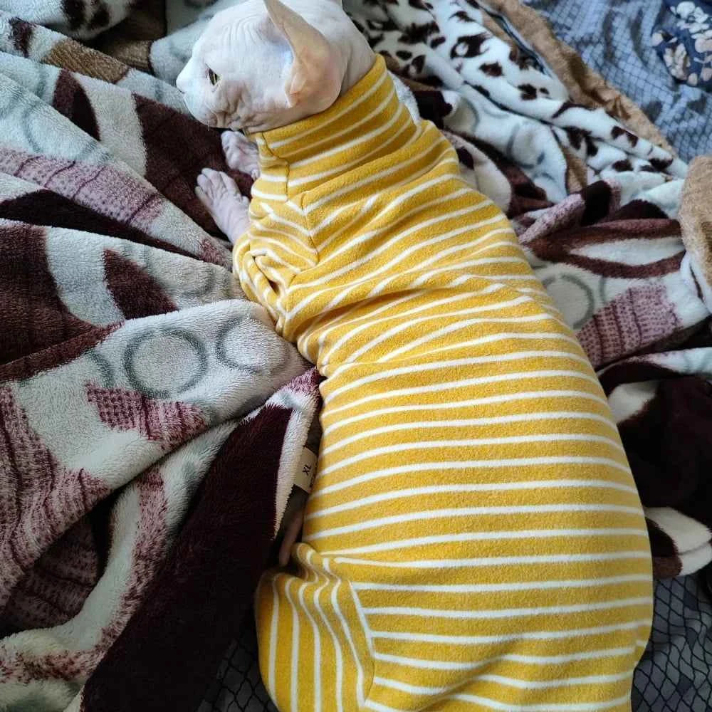 Winter Clothes for Cat, Stripped Cotton 4-legged Coat For Sphnx,Long sleeves Undershirt for Kittens, Devon Rex Jumpsuit