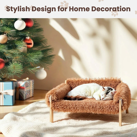 Large Cat Bed Sturdy Wooden Leg Raised Plush Cat Sofa Bed Kitten Bed for Indoor Cats - Soft Cat Couch - Play Paws Toys