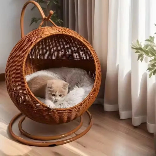 Semi-enclosed Pet Hammock Hanging Cat Nest Round Rattan Cat Cage Cat Bed with Plush Cushion Pet Cradle Bed Cat Accessories - Play Paws Toys