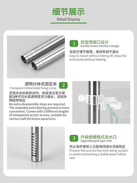 ZRDR Fish tank filter tube filter Aquarium external 304 stainless steel inlet and outlet Oil removal film filter accessories