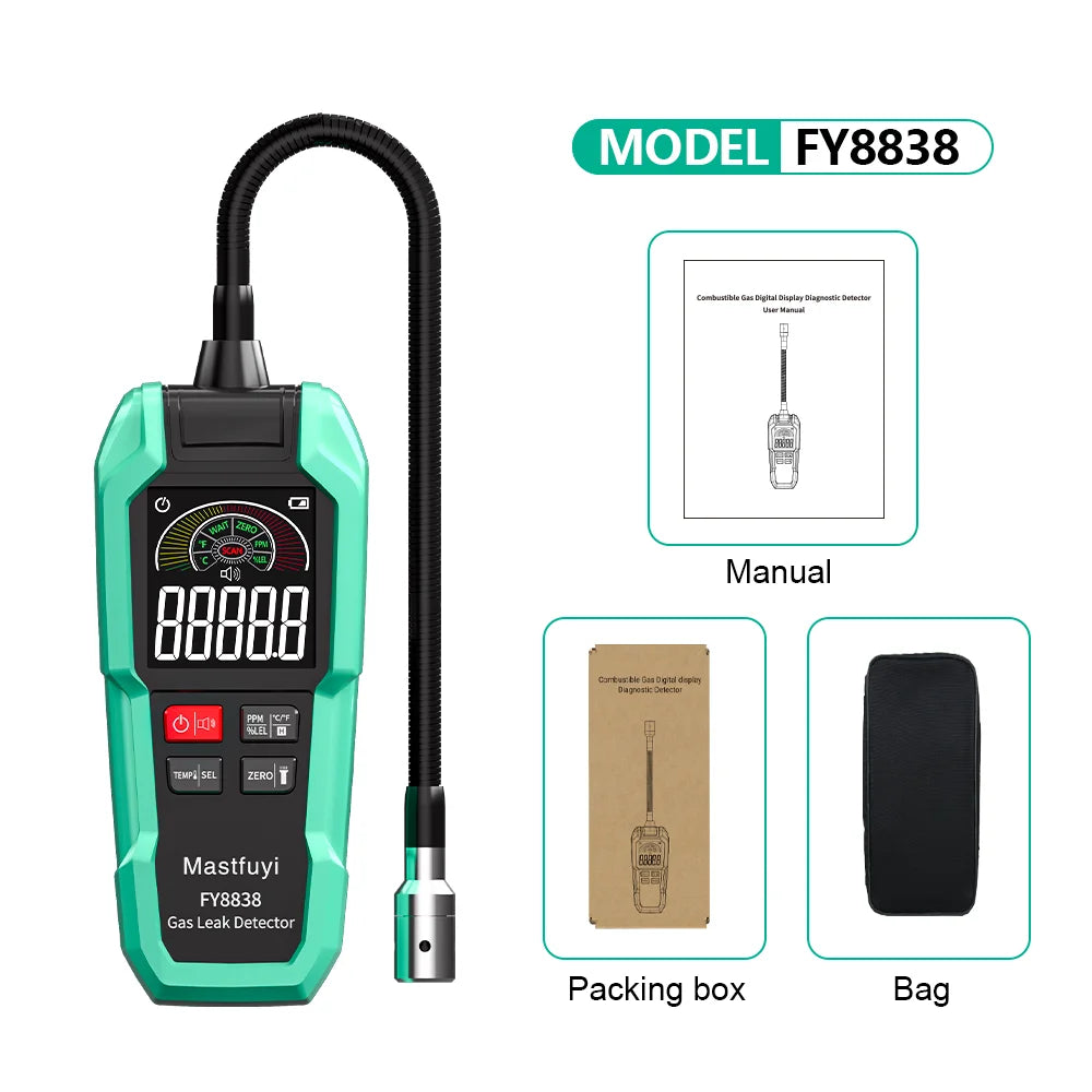 MASTFUYI FY8838 Professional Gas Leak Detector 0-9999PPM - Portable Combustible Gas Sniffer for Methane LNG Audio Visual Alarm