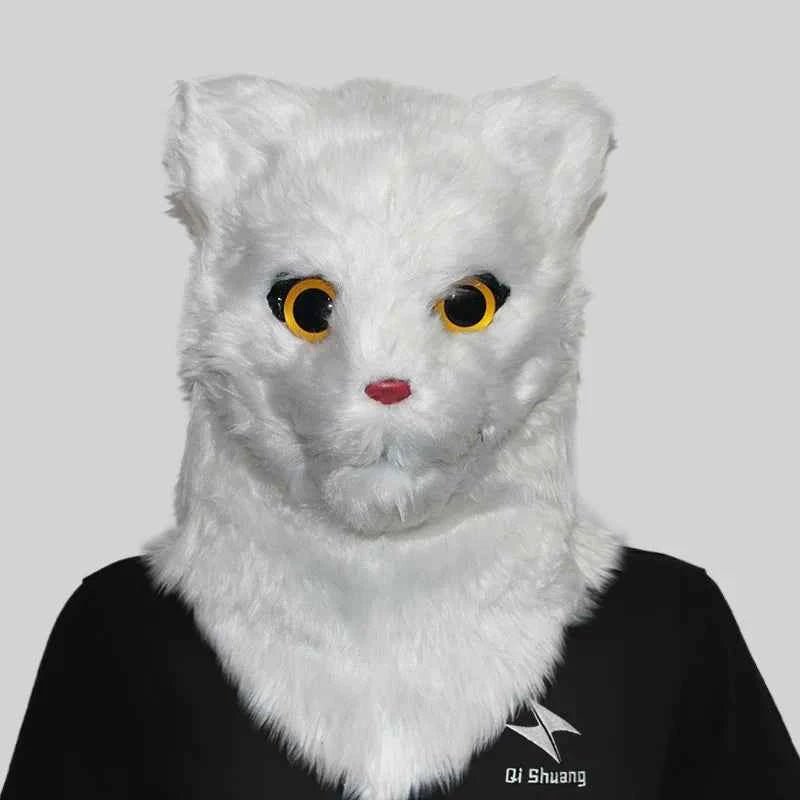 Movable Mouth Cat Head Mask Animal Latex Cute Helmet  Artificial Fur for Halloween Costumes Party Props Adult Size