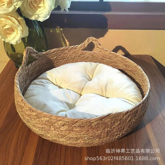 Rattan Weaving Cat Basket Bed With Soft Cushion Round Donut Design Cozy Warm Comfortable Sleeping Nest For Cats And Dogs - Play Paws Toys