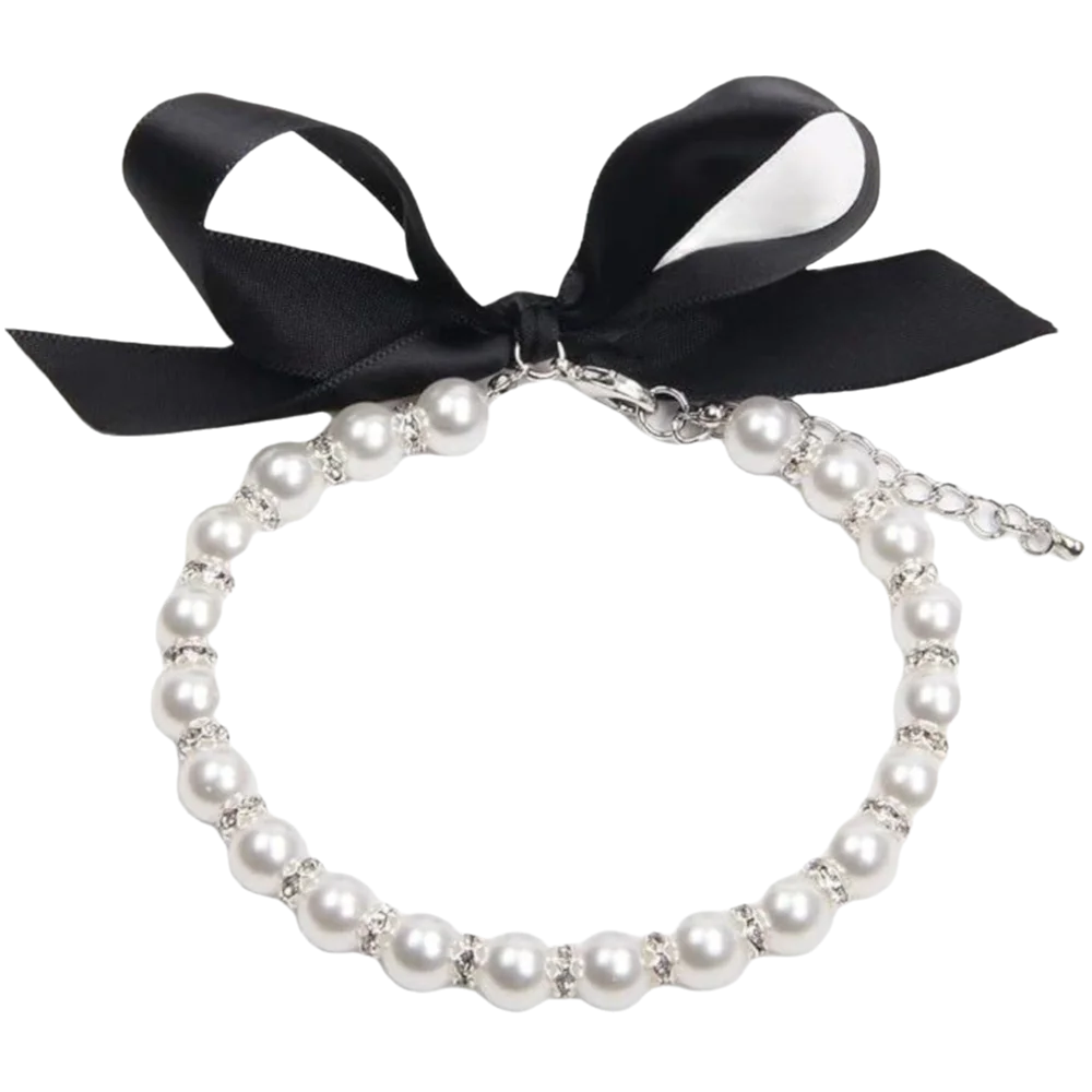 Adjustable Pet Pearl Necklace Bling Simulated Pearl Cat Bead Collar Elegant Bow Knot Ribbon Pet Simulated Pearl Collar