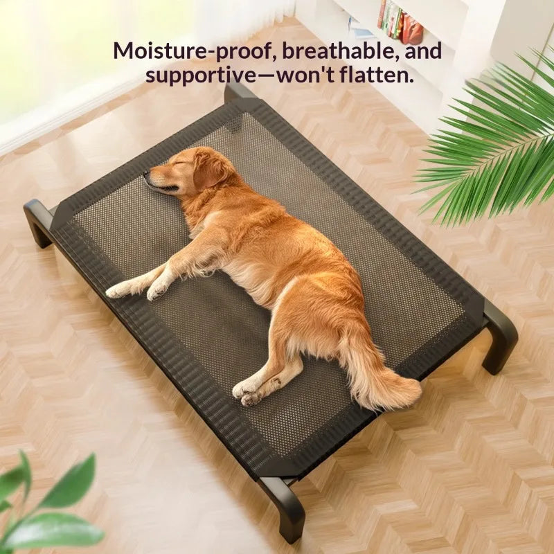 Off-ground Elevated Dog Lounge Bed Breathable Quick-dry Mesh Surface Stable Curved Metal Legs Anti-collapse Cooling Raised Pet Cot Living Room Balcony Moisture-proof Napping Bed For Large Breed Dogs dog beds