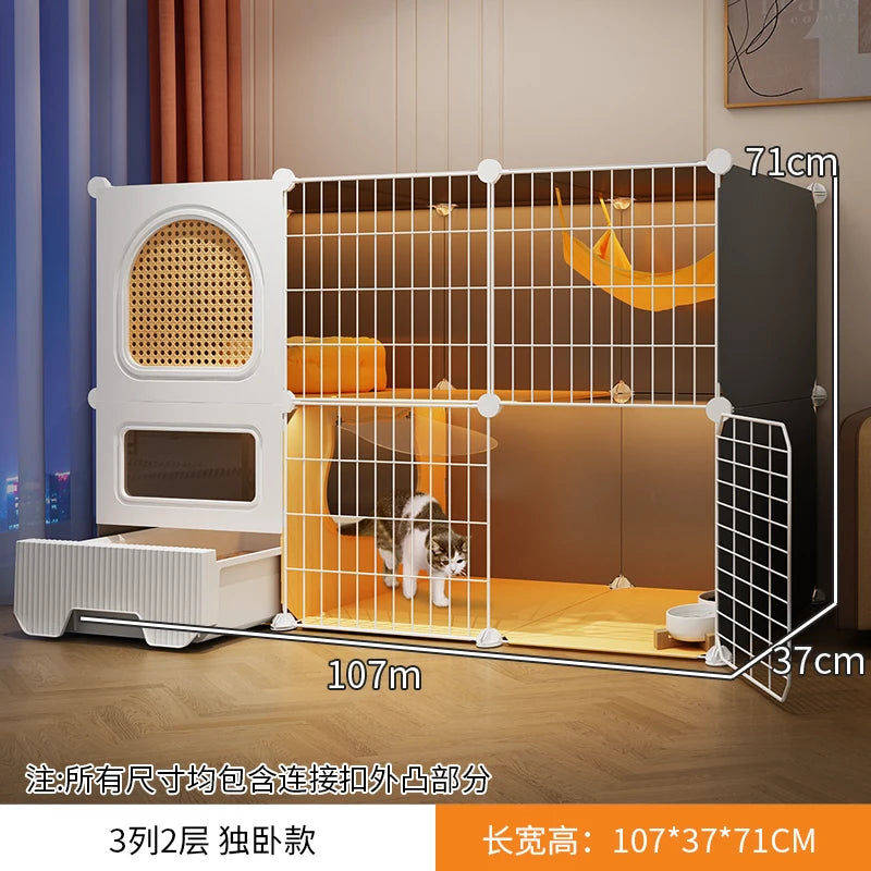 Large Cat Cages with Bed & Litter Box Indoor Multi-Level Cat House Spacious 3-in-1 Pet Villa Roomy Playpen with Resting Area - Play Paws Toys