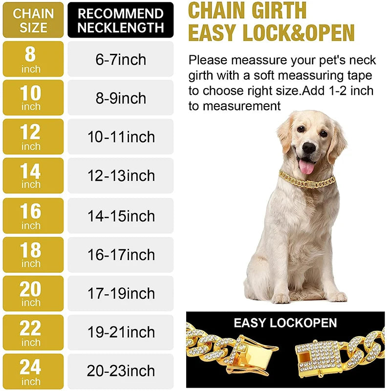 Luxury Designer Dog Collar Bling Diamond Pet Chain for Small Medium Large Dogs Cat Puppy Gold Necklace Jewelry Dog Accessories