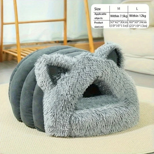 Enclosed Pet Bed Winter Warm Plush Hooded Cat Bed House with Cute Ears Indoor Nest Cave Comfort Kittens Hideaway for Small Dog - Play Paws Toys