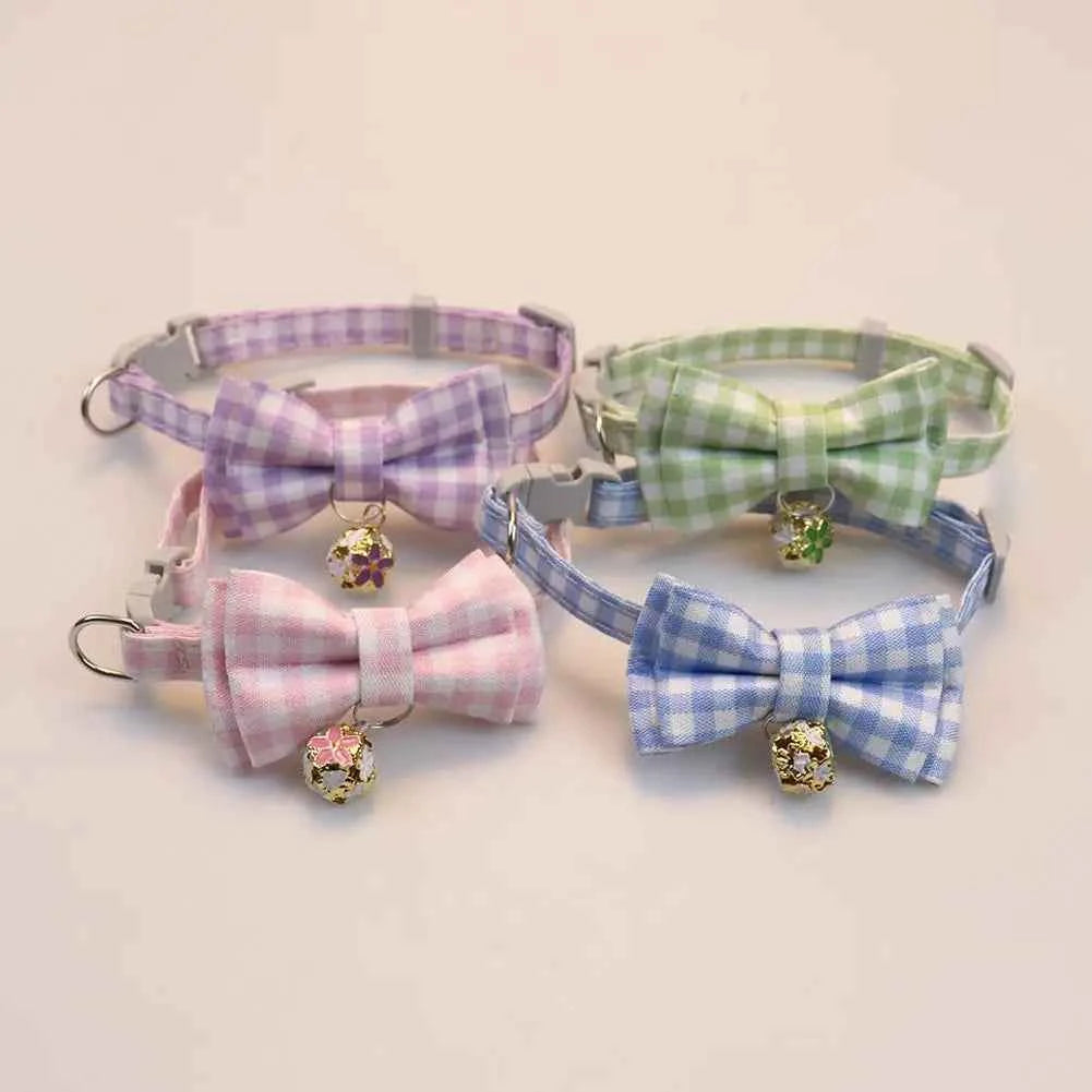 Lattice Bow Pet Cat Collar With Bell Adjustable Pet Collar Bownot Safety Necklace for Puppy Kitten Cat Cute Pattern Pet Supplies