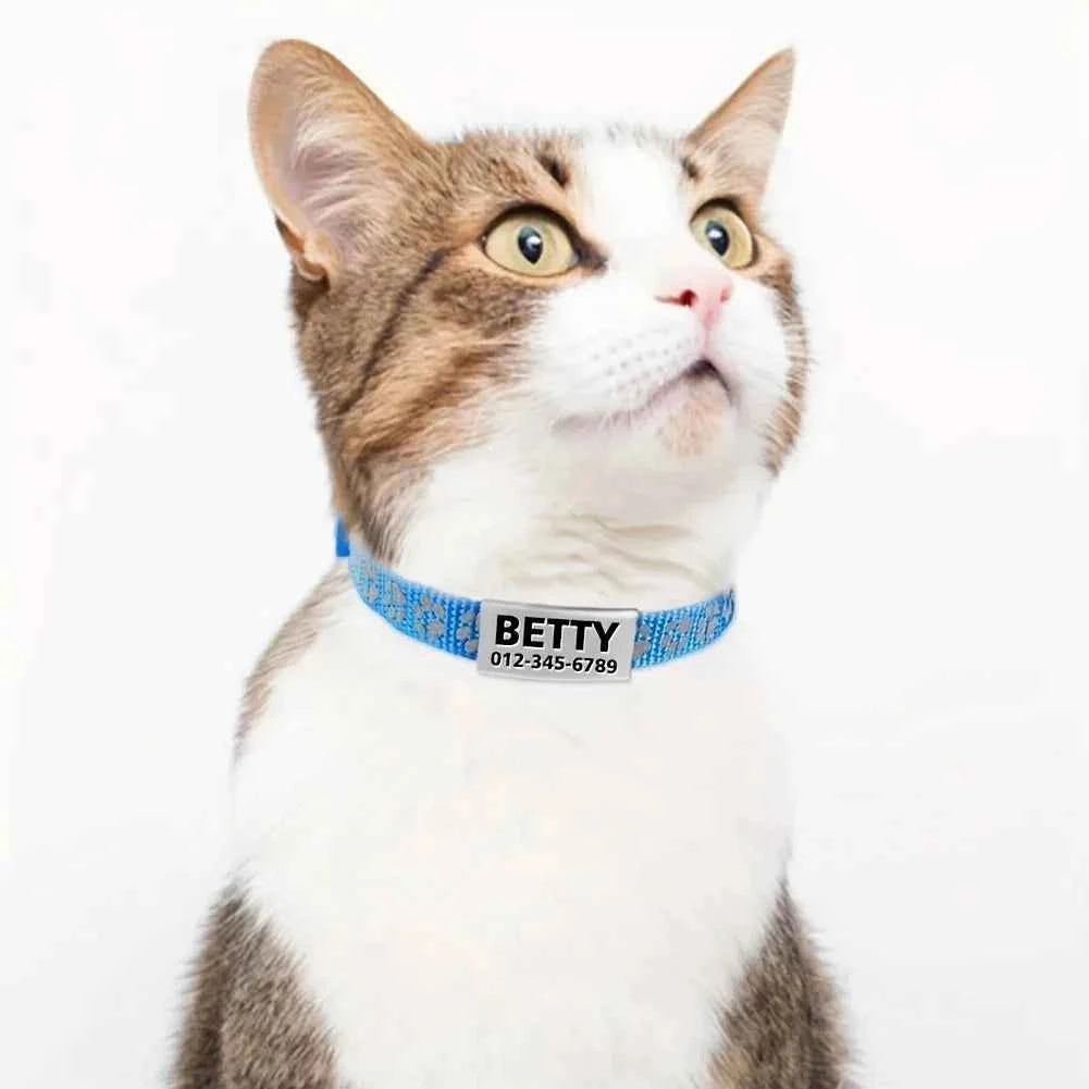 Custom Reflective Cat Collar - Personalized Name Tag & Bell Breakaway Adjustable Anti-Lost Design with Paw Print Collar for Cats