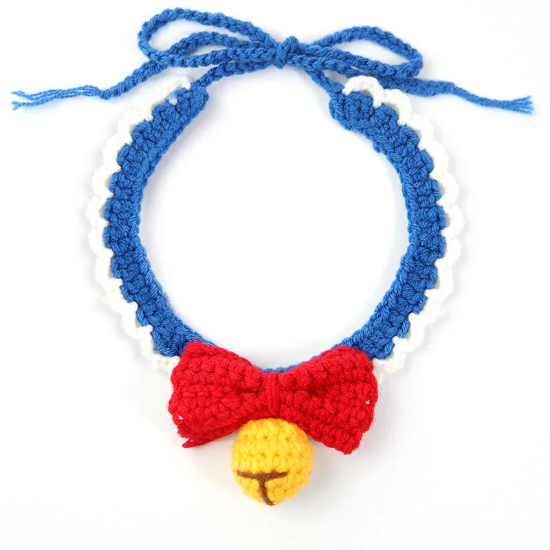 Knitting Pet Collars Cute Bow Bell Shape Knitted Scarf Handmade Dog Cat Collar Crochet Tie Adjustable Necklace Pet Accessories