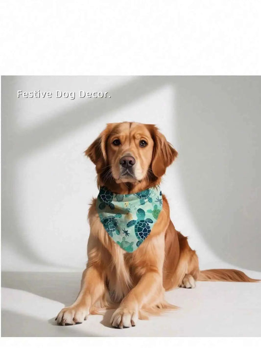 1pc Turtle Dog Scarf - Turquoise Blue & Mint Green Turtle Print With Starfish Pattern, Adjustable For Medium To Large Dogs, Turquoise Ocean Themed Pet Apparel, Suitable For Beach Walks And Swimming Accessories