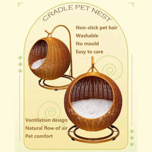 Semi-enclosed Pet Hammock Hanging Cat Nest Round Rattan Cat Cage Cat Bed with Plush Cushion Pet Cradle Bed Cat Accessories - Play Paws Toys
