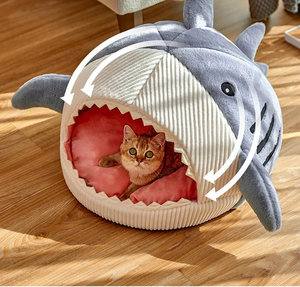 Winter Warm Pet Beds Shark Cat Mat Semi-Closed Pillow Puppy Nest Thicken Kittens Basket Cushion Pillow Mat Dogs Cats House Goods - Play Paws Toys